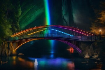 The rainbow-colored bridge leads to a mythical land of happiness and wonder - AI Generative - obrazy, fototapety, plakaty