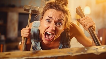 Funny desperate and exhausted woman has some problems making repairs in her home. Generative AI