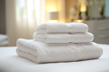 Fresh and Crisp: Neatly Stacked White Towels in a Luxury Hotel Room. Digital Ai