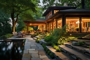 Inviting Beautiful backyard exterior small house. Generate Ai