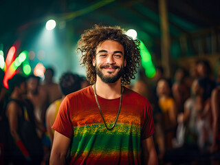 Handsome young man having fun at a reggae music festival 
