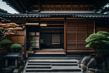 Traditional Japanese house with sliding doors and a Zen garden - AI Generative - obrazy, fototapety, plakaty