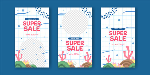 Super sale offer banner promotion social media stories post with sea ocean natural fish with coral