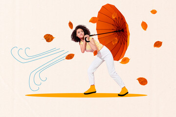 Creative composite abstract photo collage of wind blow on upset unhappy dissatisfied woman hold parasol isolated on white color background © deagreez
