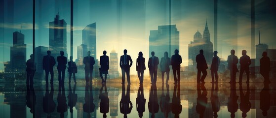 Silhouettes of some business people in front of the modern city background