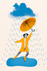 Vertical creative composite abstract photo collage of satisfied nice girl dancing in rain hold...