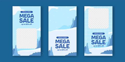 Mega sale offer banner promotion stories social media post winter season blue cold christmas
