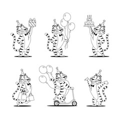 Coloring pages. Funny cartoon tigers set with Birthday cake present balloons on a white background. Cute animal characters for kids preschool activity. Black white outline sketch vector illustration.