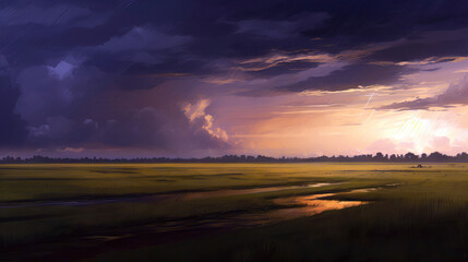 Fototapeta na wymiar Rice field at sunset in the evening, digital painting style