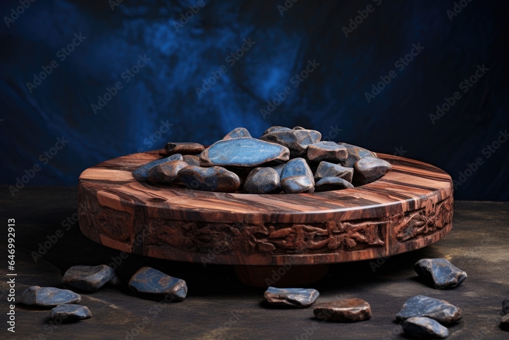 Wall mural blue podium close shot stone backg studio with carob