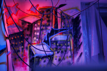 Obraz premium Damaged old place with fluorescent neon lights and dust on walls with graffiti art, warehouse with crumbling structure covered in messy artwork. Old abandoned space with bright lights.