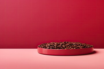 red podium close shot pink backg studio with coffee beans