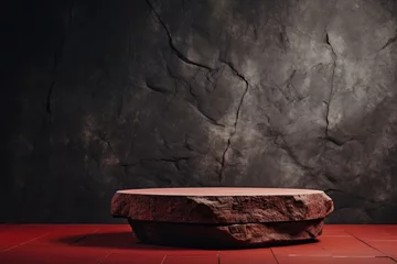 Rolgordijnen red podium close shot stone backg studio with black olive © VolumeThings