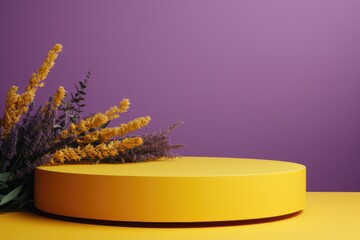 yellow podium close shot purple backg studio with lucerne