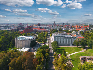 Aerial panorama of Wroclaw from Juliusz Słowacki Park with a landmark panorama museum of the Battle of Racławice in the foreground - obrazy, fototapety, plakaty