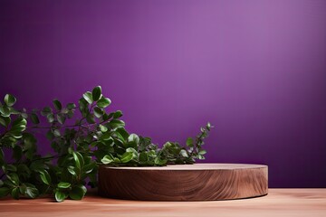 wood podium close shot purple backg studio with green bean