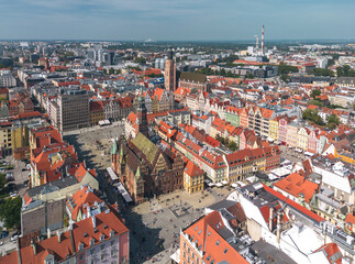 Aerial view of the Old Market square in Wrocław, Poland (Wrocławski Rynek). Panoramic cityscape...
