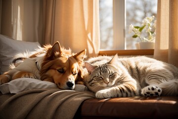 Cute golden retriever dogs and tabby cat resting together cuddling on the couch by the window on an autumn afternoon