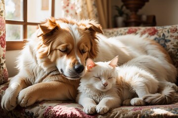 Cute golden retriever dogs and white cat resting together cuddling on the couch by the window on an autumn afternoon