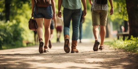 Group of people walking in park. Generative AI