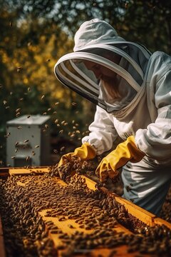 image a beekeeper in a protective suit with a hat and veil