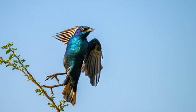 A Lesser Blue-eared Glossy Starling taking off from a branch