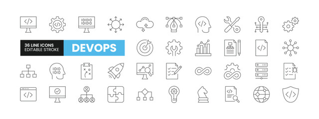 Obraz na płótnie Canvas Set of 36 DevOps line icons set. DevOps outline icons with editable stroke collection. Includes Coding, Key, DevOps, Release, Strategy and More.