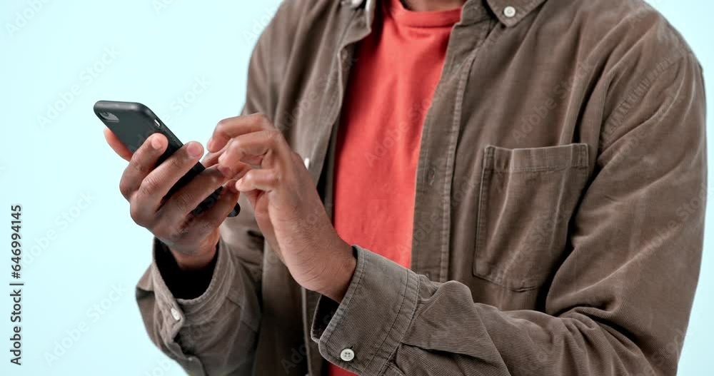 Aufkleber hands, phone and man typing in studio isolated on blue background. smartphone, closeup and person sc