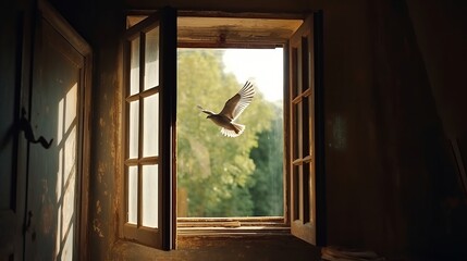 Generative, AI, escape, close, art, windows, bird silhouette, illustration, wall, window view, mood, beauty, migratory, building, beautiful, migrant, portal, closeup, freedom concept, freedom, window,