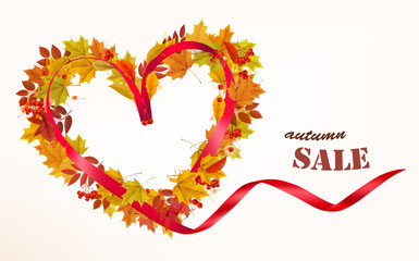 Autumn Sales Card With Colorful Leaves and Red Ribbon. Vector.