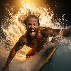 Fotografia de atractivo chic sonriente mientras hace surf entre ola con luz de sol de fondo - obrazy, fototapety, plakaty