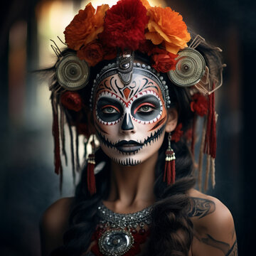 Fotografia de chica atractiva con maquillaje y accesorios de la celebración del dia de los muertos de Mexico