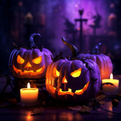 Fondo con detalle y textura de varias calabazas de Halloween con iluminación de velas y reflejos de tonos violeta