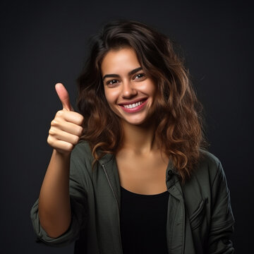 Fotografia de atractiva chica sonriente con pulgar levantado como señal de aprobación o ok