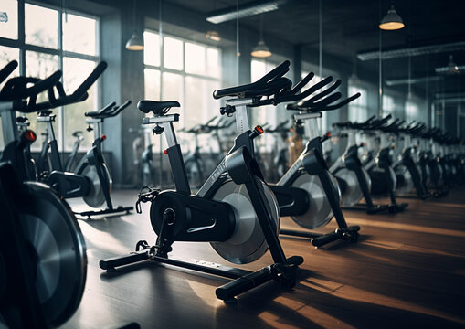 Stationary Bikes equipment in gym photography 8k