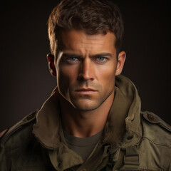 Obraz premium Fotografia de hombre atractico con ropa casual y fondo de tonos oscuros