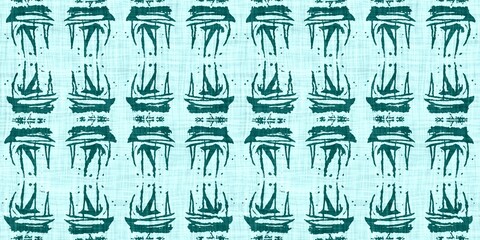 Teal green white vibrant watercolor batik azulejos tile border banner background. Seamless aqua coastal blur linen effect geometric mosaic effect.Boho Patchwork nautical masculine summer ribbon trim. 