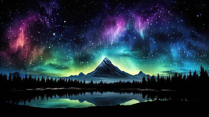 Mountain landscape with lake and aurora borealis in night sky