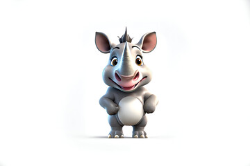 3D animation character style happy smiling rhino standing portrait on an isolated empty white background - Generative AI