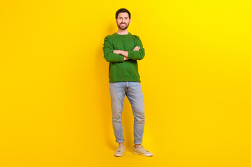 Fototapeta na wymiar Full body size of confident young man leader president director entrepreneur wear smart casual clothes isolated on yellow color background