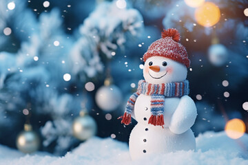 Christmas snowman in a snowy landscape. High quality photo