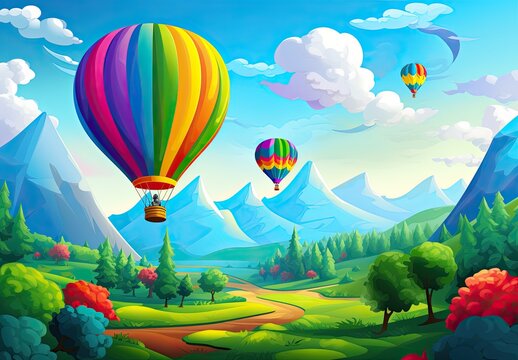 Hot air balloon festival in watercolor style. A lot of balloons flight over fild and forest. The concept of motivation and inspiration for an active summer holiday. Design for cover, card.