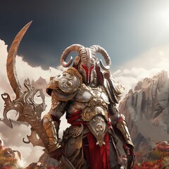 Ares, God of war in battle armor and holding a long curved blade - obrazy, fototapety, plakaty