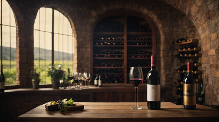 Mesa de madera vacía con una copa de vino, una botella y uvas  con espacio para copiar sobre fondo...
