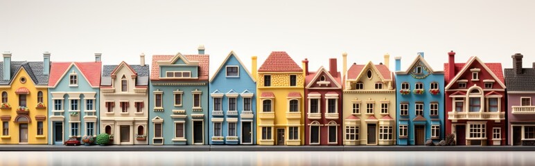 A row of colorful retro houses on white background. Houses isolated on white background.