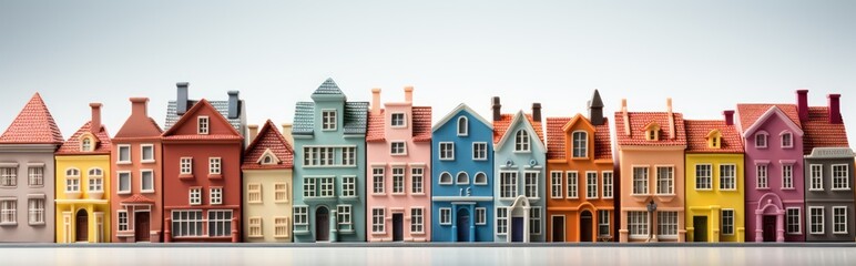Fototapeta premium A row of colorful retro houses on white background. Houses isolated on white background.