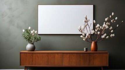 Mockup picture frame on cabinet in living room on empty dark wall background.