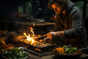 A camper prepares a meal over an open flame, mastering the art of outdoor cooking during a camping experience. Generative Ai.