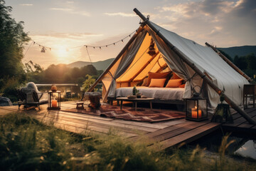 A luxurious glamping tent is surrounded by stunning natural scenery, offering a comfortable and stylish alternative to traditional camping. Generative Ai.