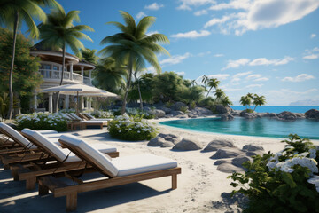 Fototapeta premium A resort pool overlooks a pristine beach, inviting guests to unwind and bask in the lavishness of seaside living. Generative Ai.